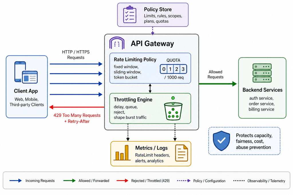 API throttling vs rate limiting system design diagram